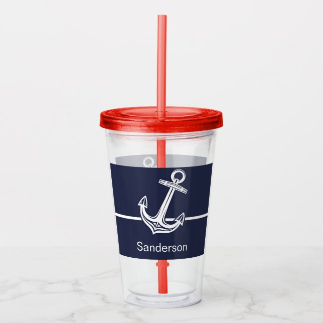 Vaso Acrílico Personalizado Nautical Anchor Ocean Naval Azul (Anverso)