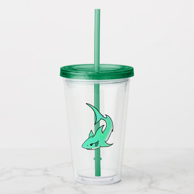 Vaso Acrílico personalizado sonriente menta de tiburón azul verd (Anverso)