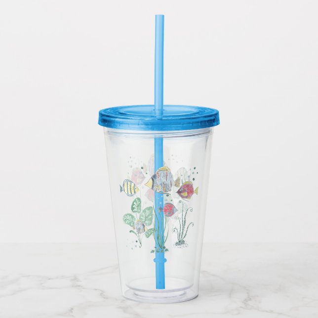 Vaso Acrílico Pescado, fondos marinos, mar. (Anverso)
