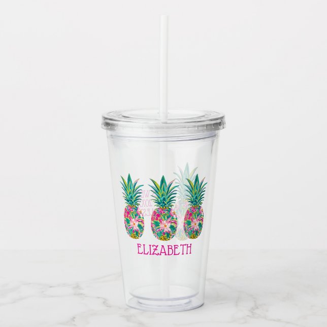 Vaso Acrílico Piña tropical rosa y verde floral (Anverso)
