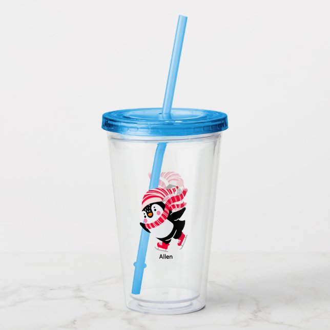Vaso Acrílico Pingüino navidad en Gorra y bufanda en patines (Reverso)