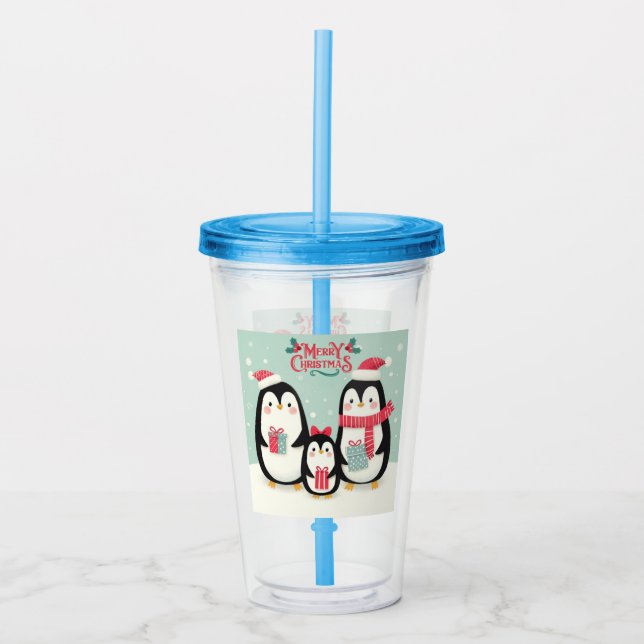 Vaso Acrílico Pingüinos nevados de Feliz Navidad (Anverso)