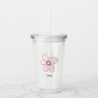 Vaso Acrílico Pink Flower Floral Hand Drawn Cute Add Name