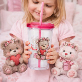 Vaso Acrílico Pink Heart Teddy Bear Tumbler Illustration 