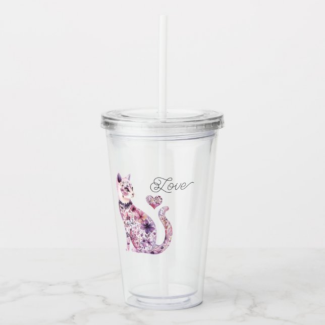 Vaso Acrílico Pink Purple Blush Flowers Heart Love Cat (Anverso)