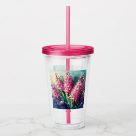 Vaso Acrílico Pintado Impresionista Floral De Hiacintos Rosados