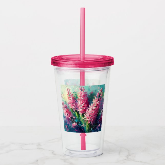 Vaso Acrílico Pintado Impresionista Floral De Hiacintos Rosados (Anverso)