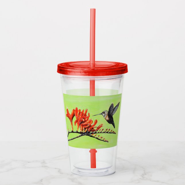 Vaso Acrílico Pintura de colibrí y crocosmia (Anverso)