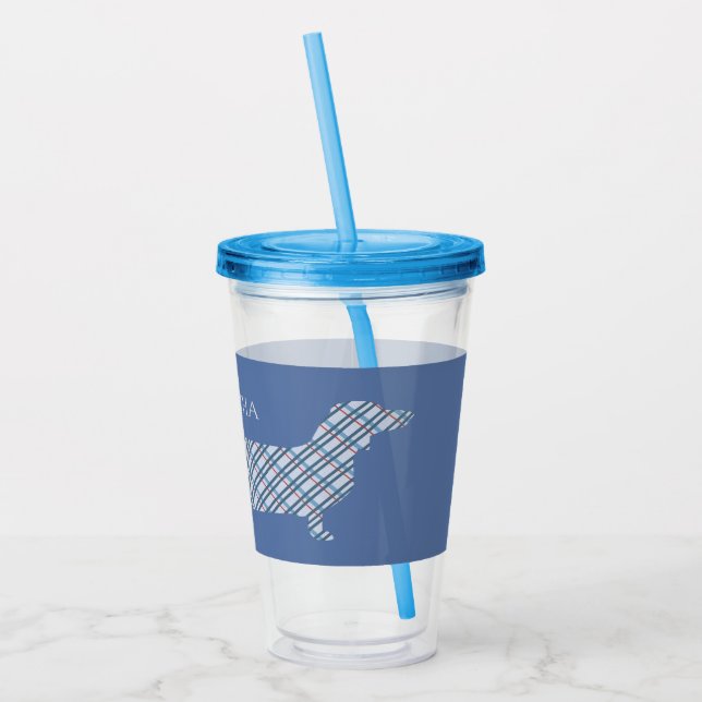 Vaso Acrílico Plaid Dachshund sobre el azul personalizado (Izquierda)
