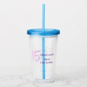 Vaso Acrílico Plantilla de purpurina rosa Quinceanera 15 años