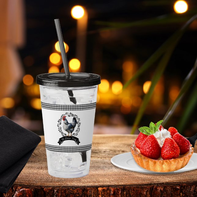Vaso Acrílico Pollo rústico de gallo de campo BW Gingham Checks (Rustic Country Rooster Chicken Black and White Gingham Checks Farm Family Name Acrylic Tumbler)
