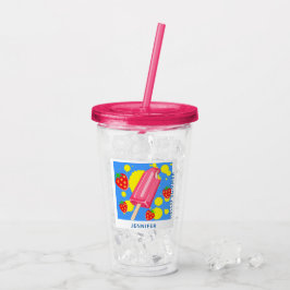 Vaso Acrílico Popsicas rosas divertidas y fresas Hola verano