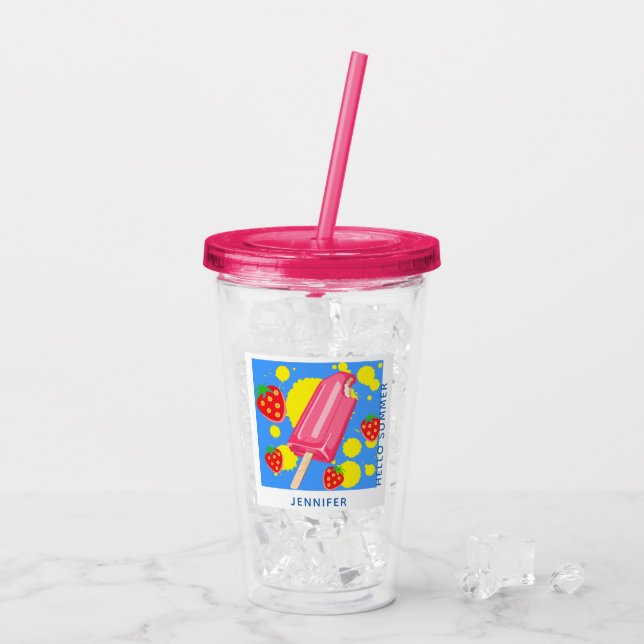 Vaso Acrílico Popsicas rosas divertidas y fresas Hola verano (Reverso (hielo))