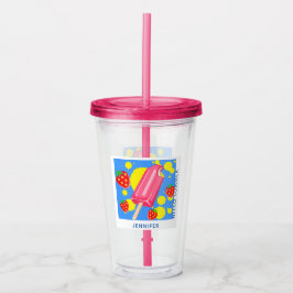 Vaso Acrílico Popsicas rosas divertidas y fresas Hola verano