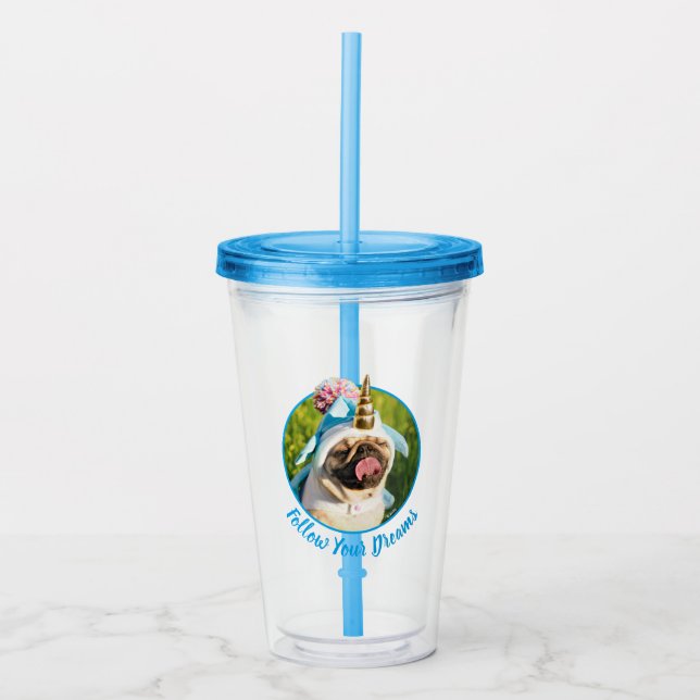 Vaso Acrílico Pug unicornio (Anverso)