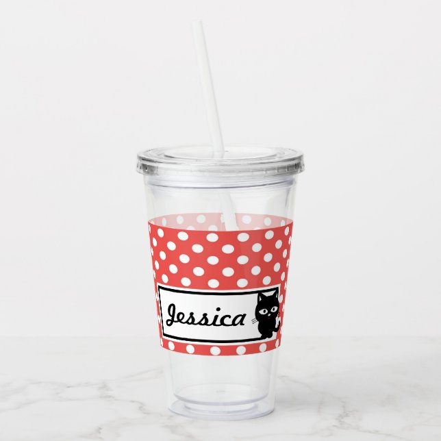 Vaso Acrílico Punto de polka roja y gato negro personalizado (Izquierda)