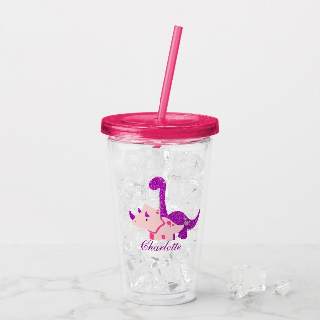 Vaso Acrílico Purpurina Girly Dinosaur Personaliza Tumbler Acríl (Reverso (hielo))