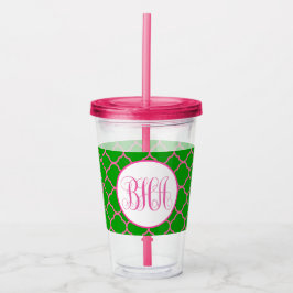 Vaso Acrílico Quatrefoil rosa y verde y monograma