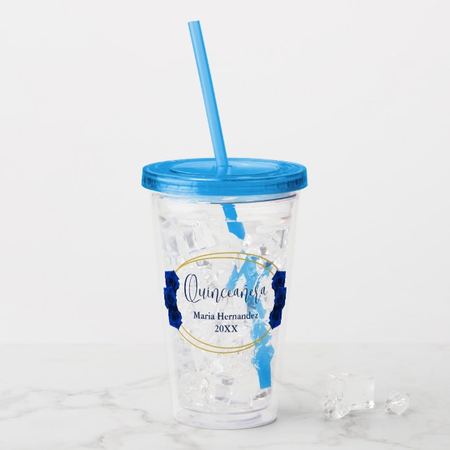 Vaso Acrílico Quinceañera geométrica real azul y oro (Anverso (hielo))