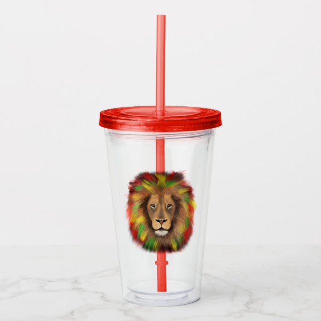 Vaso Acrílico Rasta cabeza de león rojo dibujo verde amarillo Ja (Anverso)