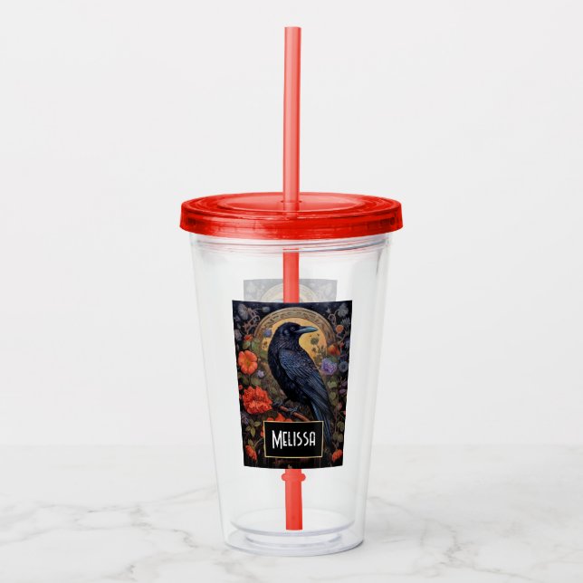 Vaso Acrílico Raven negro con flores de diseño gótico (Anverso)