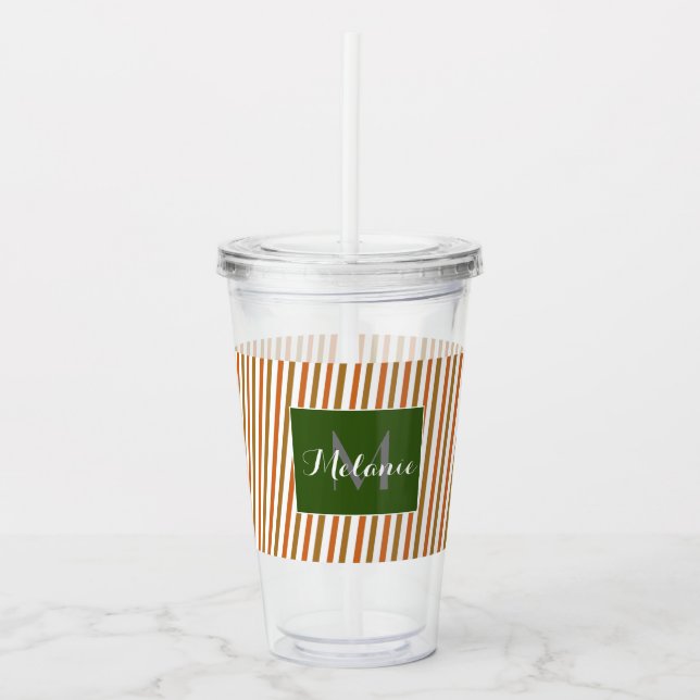 Vaso Acrílico Rayas Marrones Naranja de Otoño Monograma Personal (Anverso)