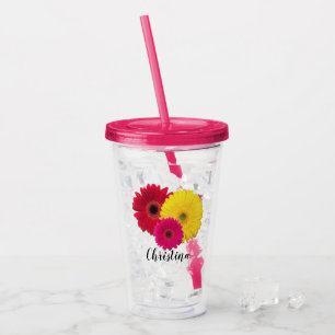 Vaso Acrílico Red rosa Gerbera Daisy   Personalizado