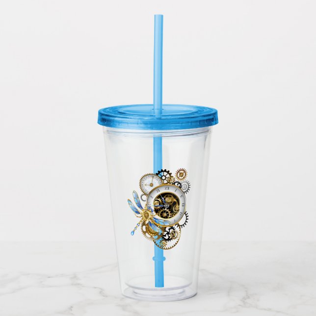 Vaso Acrílico Reloj de vapor con libélula mecánica (Anverso)