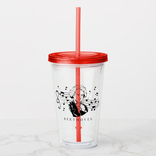 Vaso Acrílico Retrato de Ludwig van Beethoven y busto con notas (Anverso)