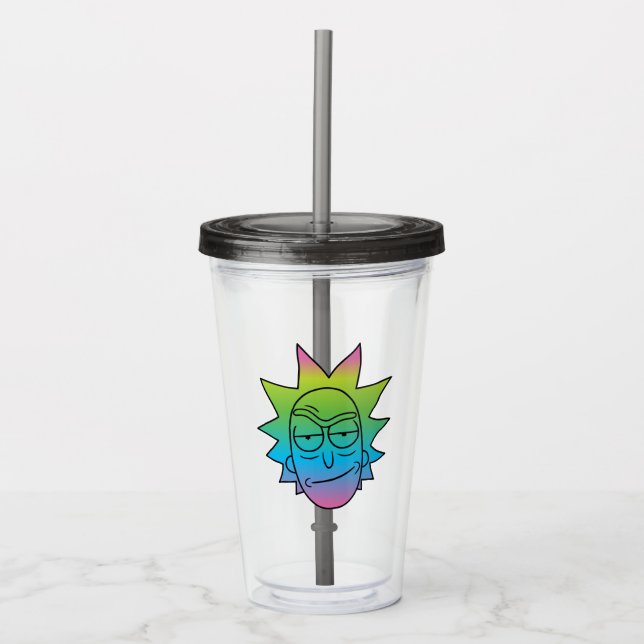 Vaso Acrílico RIQUEZA Y MORTY™| Patrón Rainbow Rick Head (Anverso)