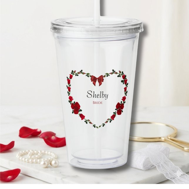 Vaso Acrílico Romantic Red Rose Bride To Be Acrylic Tumbler (Personalized Bride Tumbler with Romantic Red Rose Heart Wreath for Wedding Morning)