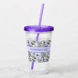 Vaso Acrílico Romántico Periwinkle Florals Lavender Flower Girl<br><div class="desc">Este hermoso chica floral de la boda y el regalo cuenta con un romántico floral perwinkle y un patrón botánico verde sobre el fondo de lavanda. Caligrafía de guion morado más oscuro y tipografía de tipo serif para los detalles del evento enclavados en una etiqueta de lavanda enmarcada como rectángulo...</div>