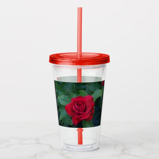 Vaso Acrílico Rosa Roja de Cerca (Anverso)