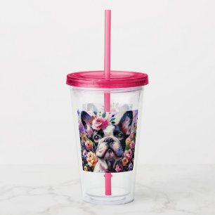 Vaso Acrílico Rosas de perros Bulldoges franceses florales en bl