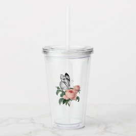 Vaso Acrílico Rosas rosadas sonrojadas y mariposa