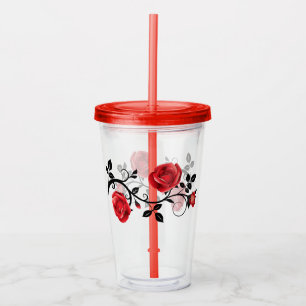 Vaso Acrílico Roses Rojos Acrílicos Vidrio Tumbler con tapa/paja