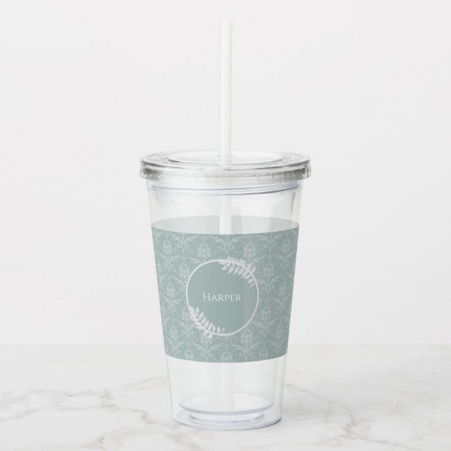 Vaso Acrílico Sage Green Elegant Damask Personalizado (Anverso)