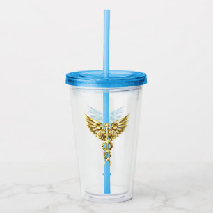 Vaso Acrílico Símbolo Caduceo Poligonal Dorado