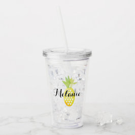 Vaso Acrílico Simple Piña Amarillo Verde Nombre Acuarela
