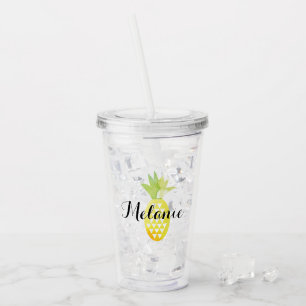 Vaso Acrílico Simple Piña Amarillo Verde Nombre Acuarela
