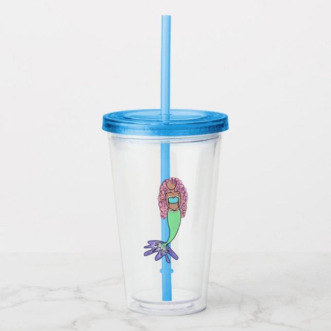 Vaso Acrílico sirena de arco iris rosa azul violeta verde rizo n (Anverso)