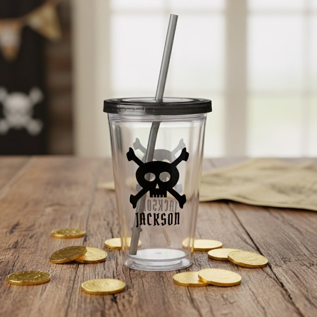 Vaso Acrílico Skull y Crossbone nombre pirata Tumbler acrílico (Add yer pirate name!)