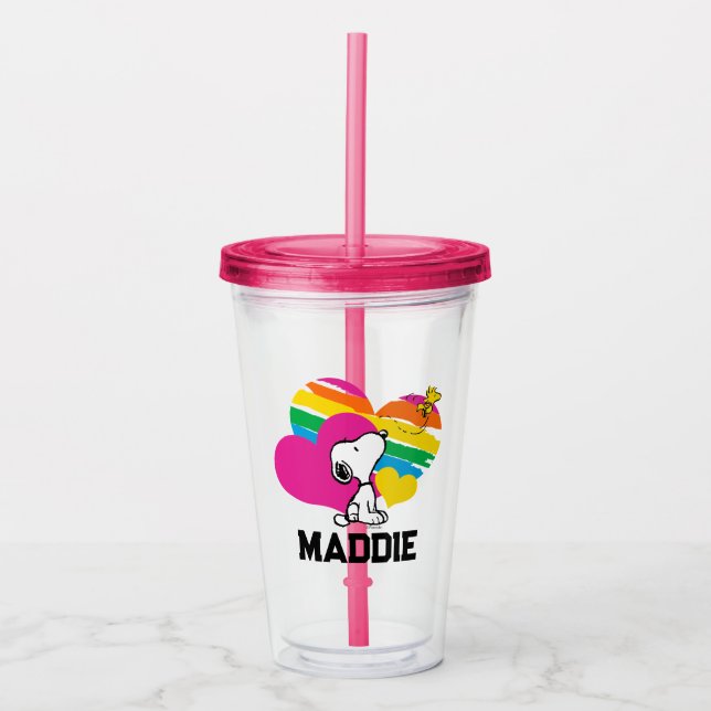 Vaso Acrílico Snoopy y Woodstock | Corazones arcoiris (Anverso)