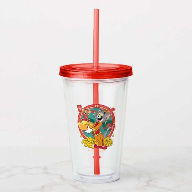 Vaso Acrílico Sobre rojo de Tom y Jerry New Years (Anverso)