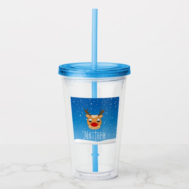 Vaso Acrílico Sonriente nevada de reno azul personalizado (Anverso)