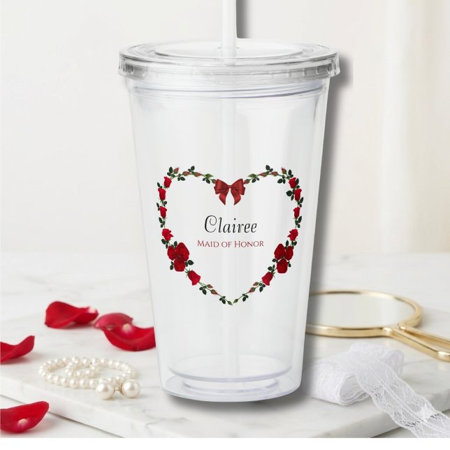 Vaso Acrílico Stylish Red Rose Maid of Honor Gift (Custom Maid of Honor Tumbler featuring a Romantic Red Rose Heart Floral Design)