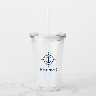 Vaso Acrílico Su nombre de barco Blue Compass Anchor