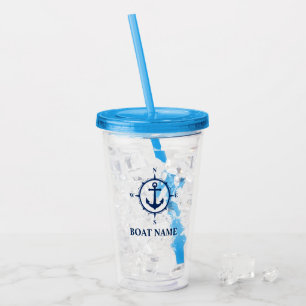 Vaso Acrílico Su nombre de barco Compass Anchor Azul