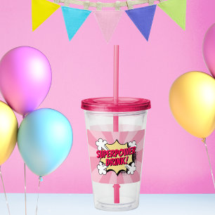 Vaso Acrílico Superheroína Comic Style Chica Birday Pink