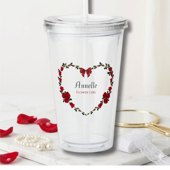 Vaso Acrílico Sweet Red Roses Flower Girl Gift (Sweet Personalized Flower Girl Tumbler featuring a Romantic Red Rose Heart Design)